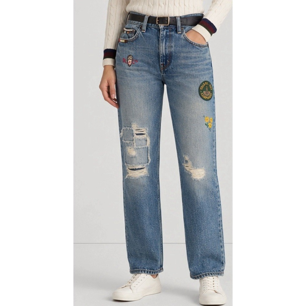 Ralph Lauren Embroidered Jeans Womens 15 Blue Distressed Patchwork Denim Vintage